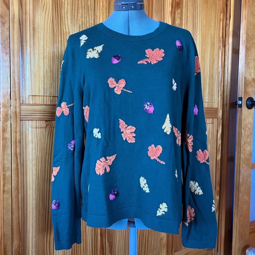 Talbots Green Sweater With Leaf Glitter Accents “Fall Perfect” Size XL - Picture 2 of 8
